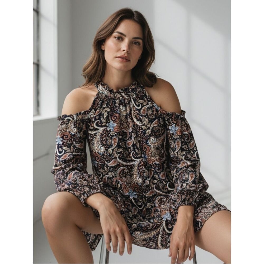 Band Of Gypsies Floral Motif Paisley Print Cold Shoulder Long Sleeve Shift Dress